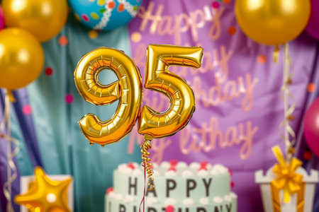 AI Generative Helium birthday balloon shape number ninety five, golden letter figure 95 celebration festive background decorの素材
