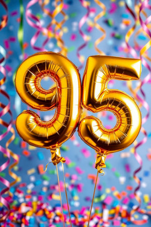 AI Generative Helium birthday balloon shape number ninety five, golden letter figure 95 celebration festive background decorの素材