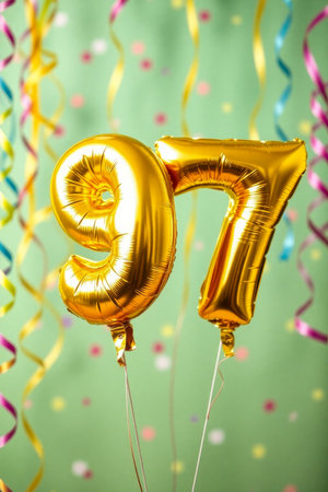 AI Generative Helium birthday balloon shape number ninety seven, golden letter figure 97 celebration festive background decorの素材