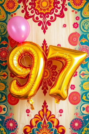 AI Generative Helium birthday balloon shape number ninety seven, golden letter figure 97 celebration festive background decorの素材