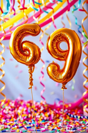 AI Generative Helium birthday balloon shape number sixty nine, golden letter figure 69 celebration festive background decorの素材