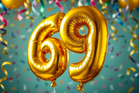 AI Generative Helium birthday balloon shape number sixty nine, golden letter figure 69 celebration festive background decorの素材
