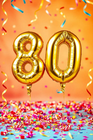 AI Generative Helium birthday balloon shape number eighty, golden letter figure 80 celebration festive background decorの素材