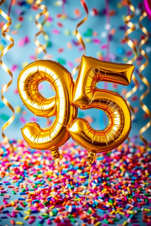 AI Generative Helium birthday balloon shape number ninety five, golden letter figure 95 celebration festive background decorの素材