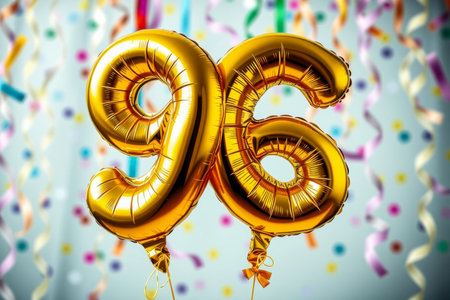 AI Generative Helium birthday balloon shape number ninety six, golden letter figure 96 celebration festive background decorの素材