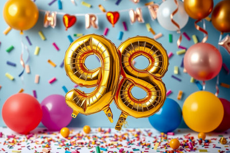 AI Generative Helium birthday balloon shape number ninety eight, golden letter figure 98 celebration festive background decorの素材