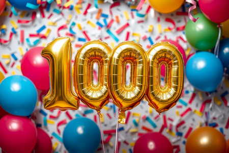 AI Generative Helium birthday balloon shape number one thousand, golden letter figure 100 celebration festive background decorの素材