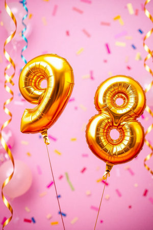 AI Generative Helium birthday balloon shape number ninety eight, golden letter figure 98 celebration festive background decorの素材