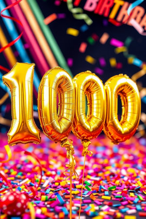 AI Generative Helium birthday balloon shape number one thousand, golden letter figure 100 celebration festive background decorの素材