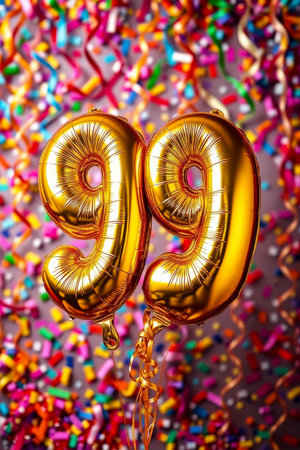 AI Generative Helium birthday balloon shape number ninety nine, golden letter figure 99 celebration festive background decorの素材