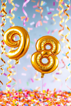 AI Generative Helium birthday balloon shape number ninety eight, golden letter figure 98 celebration festive background decorの素材