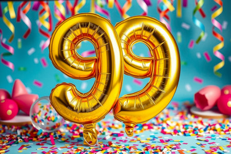 AI Generative Helium birthday balloon shape number ninety nine, golden letter figure 99 celebration festive background decorの素材