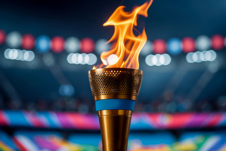 AI Generative Symbol of the Olympics sports games ceremony, athlete holds burning torch with the Olympic flameの素材