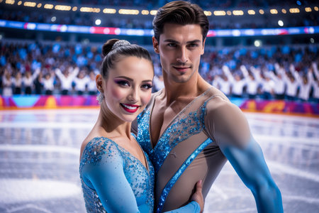 AI Generative Woman and man skater skating on ice rink, winter olympic games pair figure skating competitionの素材