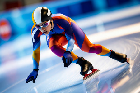 AI Generative Winter Olympics Short Track Competition, Man Athlete skater skate On Ice Skating Rinkの素材