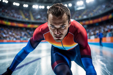 AI Generative Winter Olympics Short Track Competition, Man Athlete skater skate On Ice Skating Rinkの素材