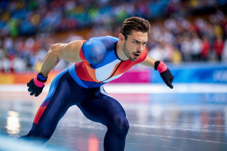 AI Generative Winter Olympics Short Track Competition, Man Athlete skater skate On Ice Skating Rinkの素材