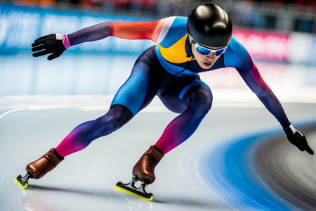 AI Generative Winter Olympics Short Track Competition, Man Athlete skater skate On Ice Skating Rinkの素材