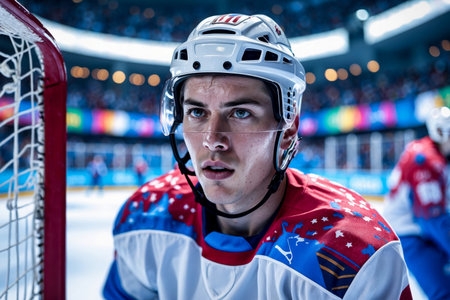 AI Generative Sport hockey competition, men's team at the tournament Winter Olympics skate on the ice rinkの素材