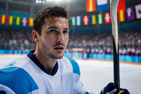 AI Generative Sport hockey competition, men's team at the tournament Winter Olympics skate on the ice rinkの素材