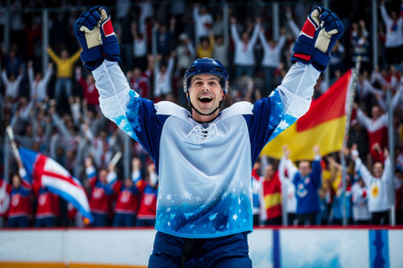 AI Generative Sport hockey competition, men's team at the tournament Winter Olympics skate on the ice rinkの素材