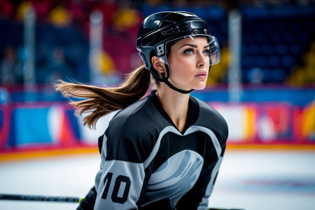 AI Generative Sport hockey competition, women's team at the tournament Winter Olympics skate on the ice rinkの素材