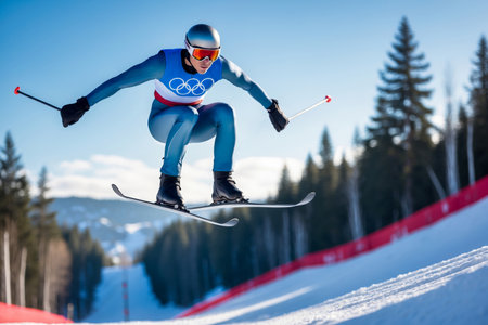AI Generative Skier Down Mountain on skis, Winter Olympic games Contest Competition tournamentの素材