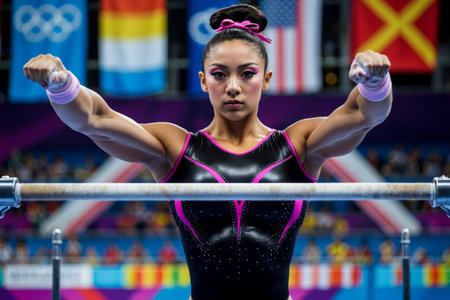 AI Generative Artistic gymnastics competition, woman athlete performs at the Olympic games Championshipの素材