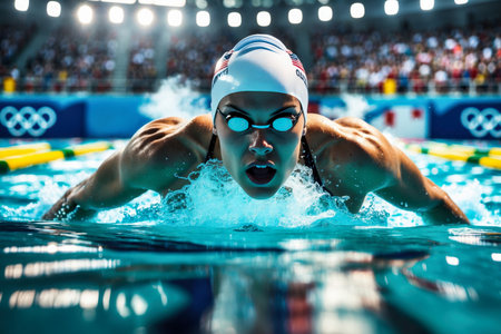 AI Generative Woman athlete swimmer swimming speed race in pool, summer olympic games competitionの素材