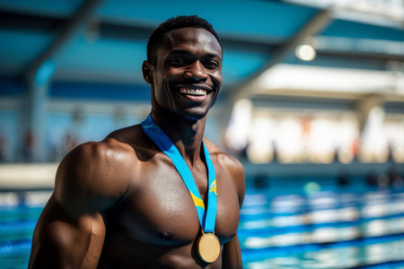 AI Generative Awarding champion winners in sports swim in pool, summer Olympic games competitionsの素材