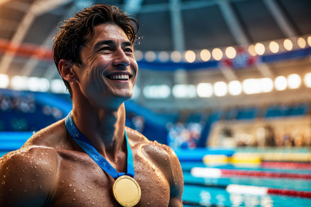 AI Generative Awarding champion winners in sports swim in pool, summer Olympic games competitionsの素材