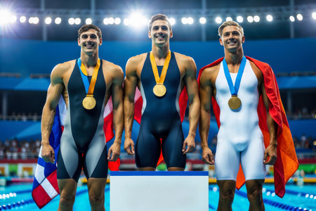 AI Generative Awarding champion winners in sports swim in pool, summer Olympic games competitionsの素材