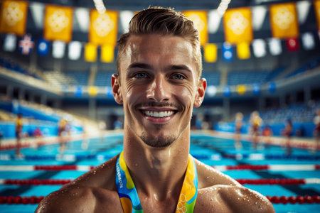 AI Generative Awarding champion winners in sports swim in pool, summer Olympic games competitionsの素材