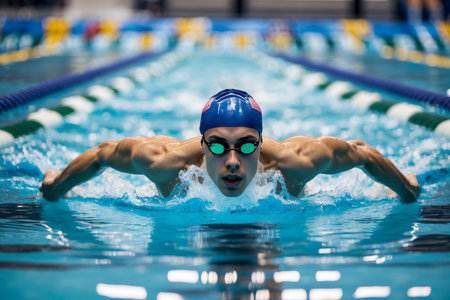 AI Generative Man athlete swimmer swimming speed race in pool, summer olympic games competitionの素材