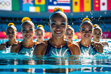 AI Generative Women Synchronized Swimming Team Dancing in Pool, Summer Olympic games Competitionの素材