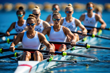 AI Generative Women sports rowing team sailing down river in canoe, summer Olympic games competitionの素材