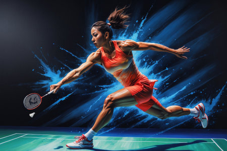 AI Generative Woman Athlete Player Performing at the Summer Olympic games, Badminton Championship Competitionの素材