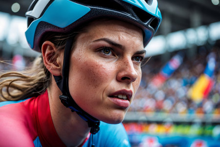 AI Generative Woman Athlete Cyclist Riding Sport Cycling Race Summer Olympic games Competitionの素材