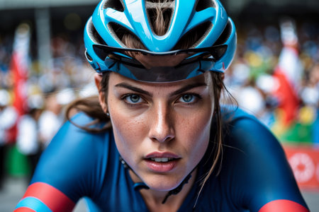 AI Generative Woman Athlete Cyclist Riding Sport Cycling Race Summer Olympic games Competitionの素材