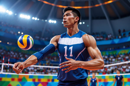 AI Generative Man Athlete Playing Team Sports Volleyball Court Summer Olympic Games Competitionの素材
