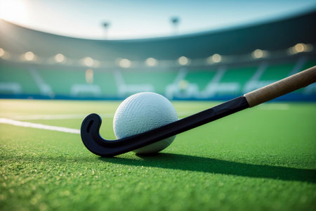 AI Generative Stick and field hockey ball on stadium background, summer Olympic Games competitionsの素材