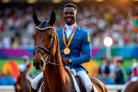 AI Generative Man jockey rider at hippodrome sports horse racing, summer Olympic games competitionの素材