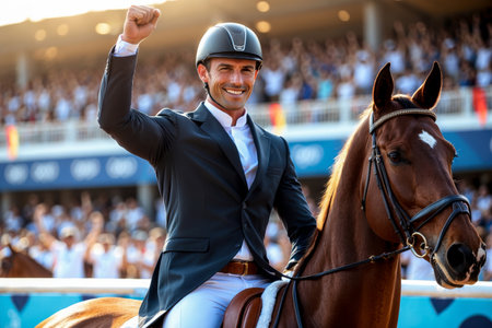 AI Generative Man jockey rider at hippodrome sports horse racing, summer Olympic games competitionの素材