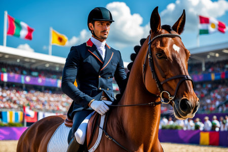 AI Generative Man jockey rider at hippodrome sports horse racing, summer Olympic games competitionの素材