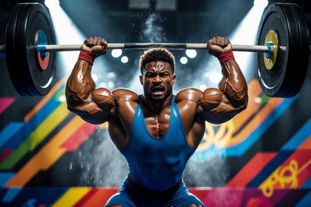 AI Generative Man Athlete Bodybuilder at Weightlifting Championships, Summer Olympic games competitionの素材