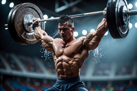 AI Generative Man Athlete Bodybuilder at Weightlifting Championships, Summer Olympic games competitionの素材