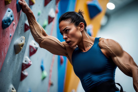AI Generative Woman athlete climber climbing up on wall, summer Olympic games competition championshipの素材