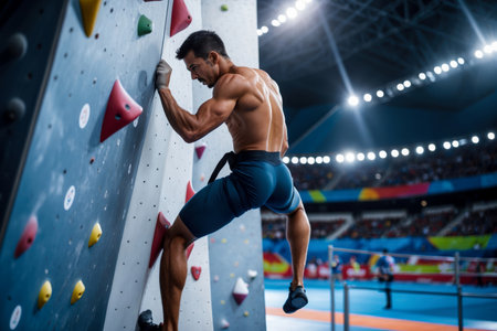 AI Generative Man athlete climber climbing up on wall, summer Olympic games competition championshipの素材