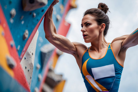 AI Generative Woman athlete climber climbing up on wall, summer Olympic games competition championshipの素材
