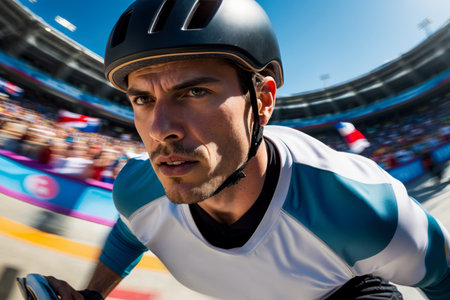 AI Generative Man athlete skateboarder riding in skate park on skateboard, summer Olympic games competitionの素材